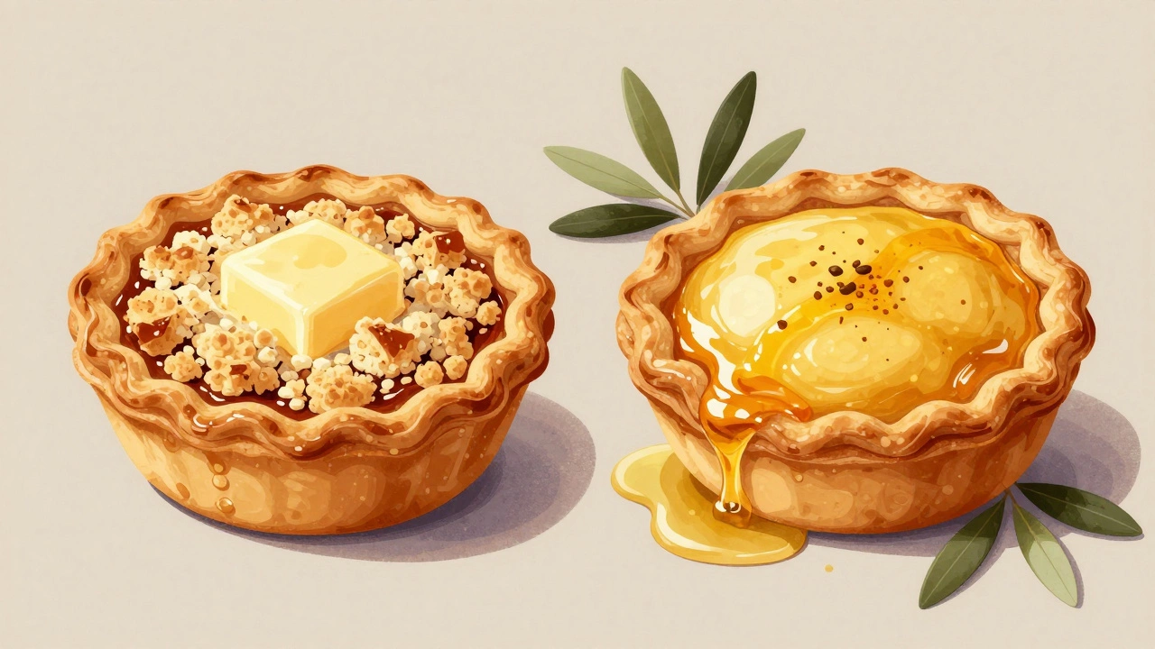 Два пирога рядом: один с маслом — хрустящий, другой с оливковым маслом — влажный и глянцевый.