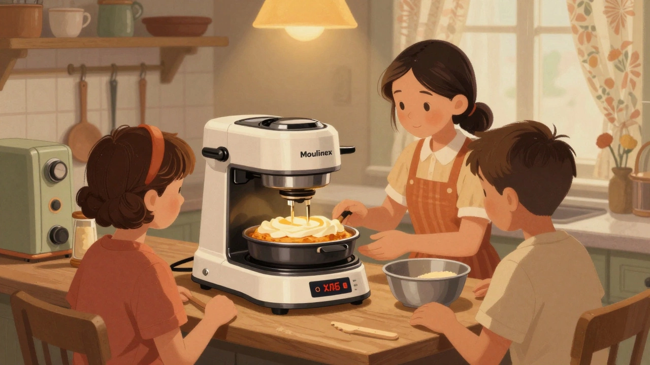 Family watching Moulinex automatic bread maker in a retro kitchen.