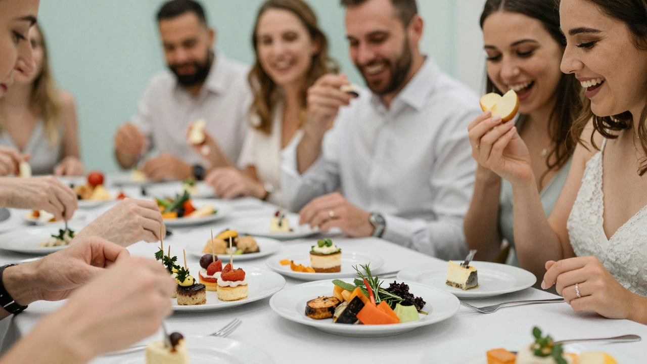 Гости на свадебном банкете пробуют элегантные порции еды, улыбаются и общаются.
