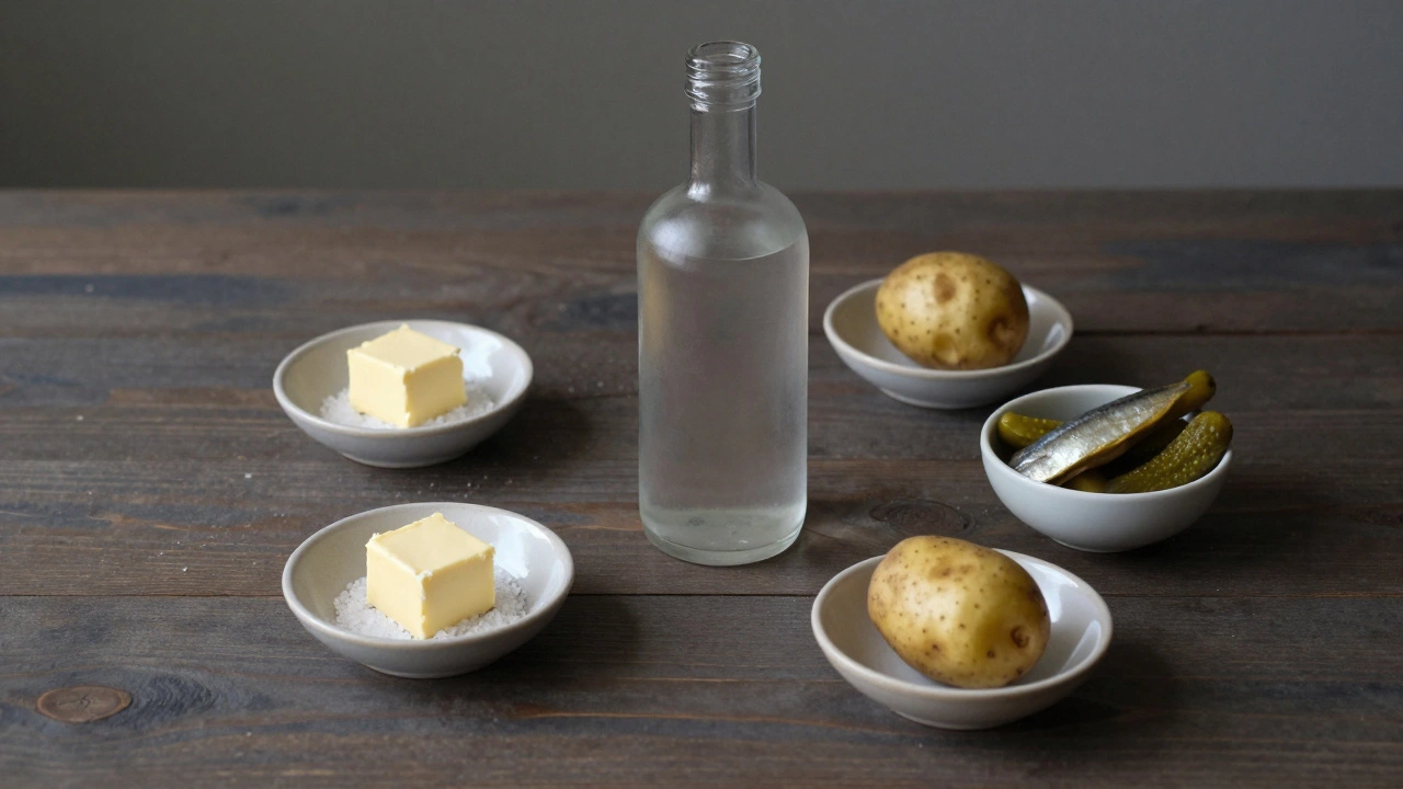 Картофель в мундире с маслом и морской солью рядом с бутылкой водки.