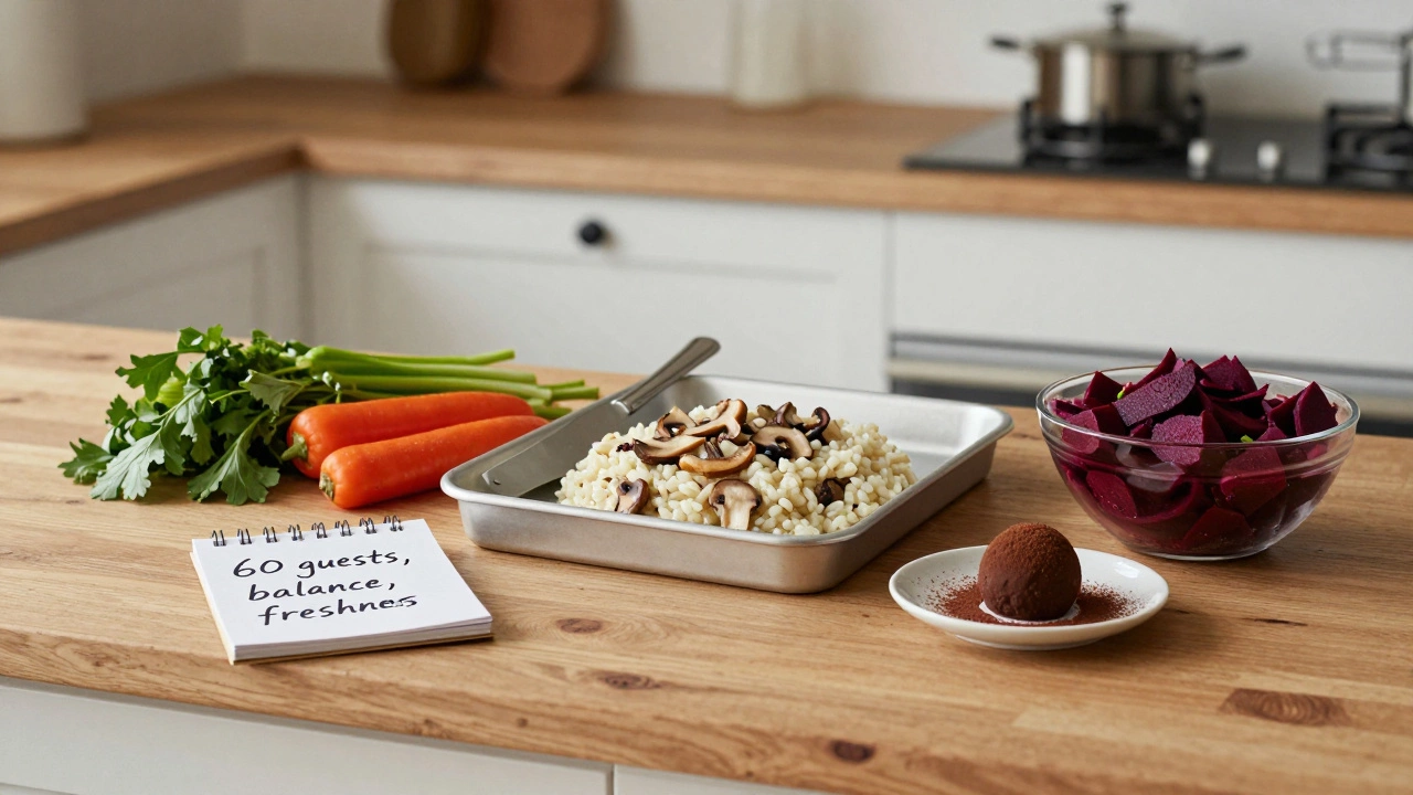 Кухонная стойка с приготовлением банкетного меню: овощи, ризотто и шоколадные трюфели.