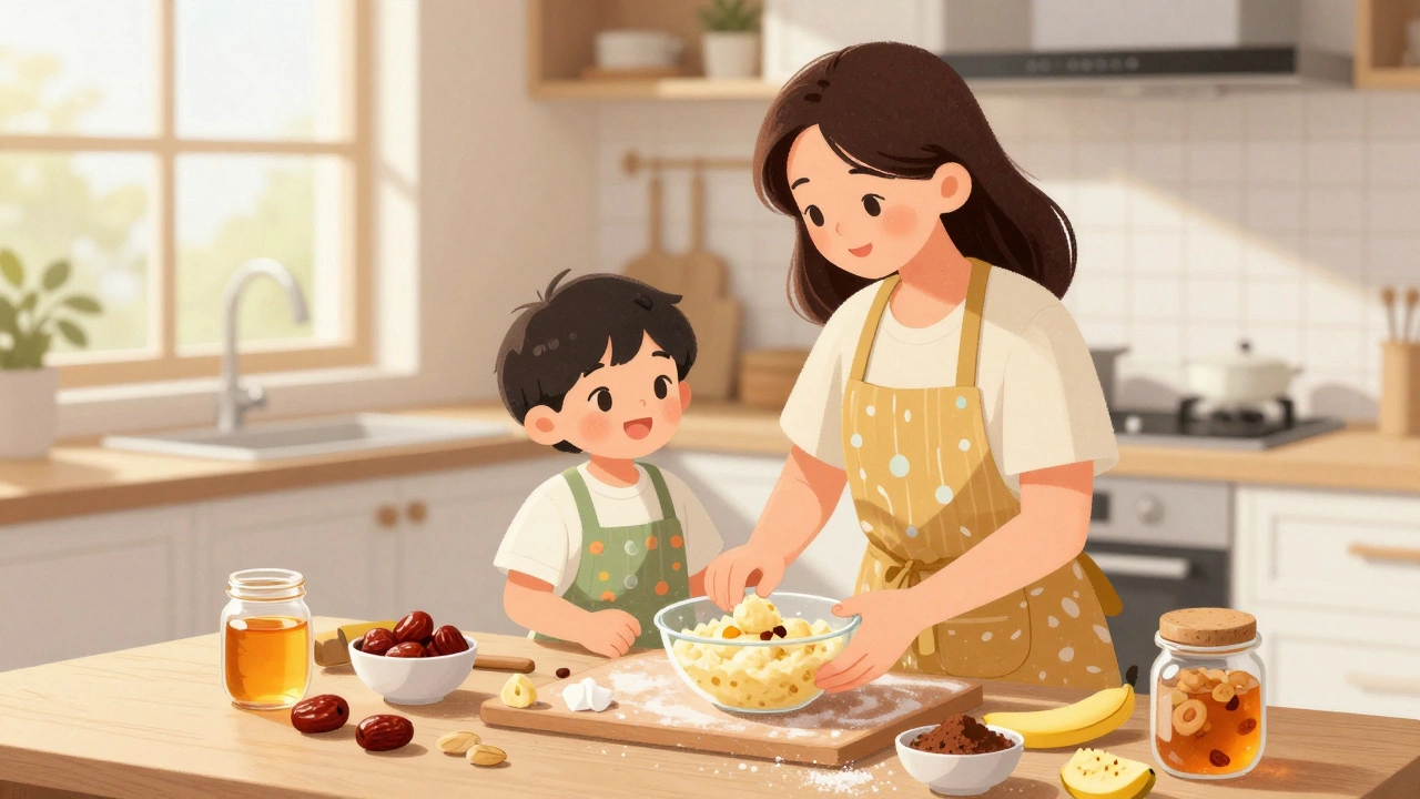 Мать с ребёнком готовят сладости из фруктов на кухне