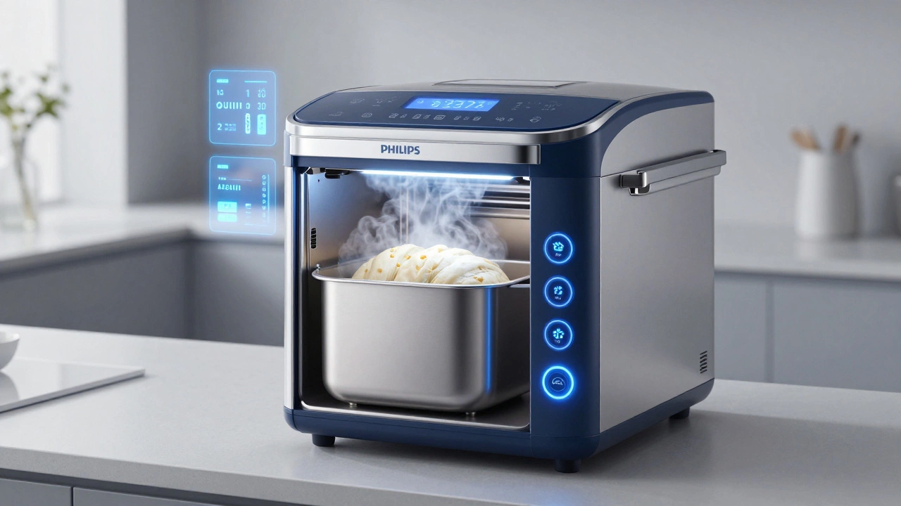 Philips bread maker with glowing sensors monitoring dough conditions.