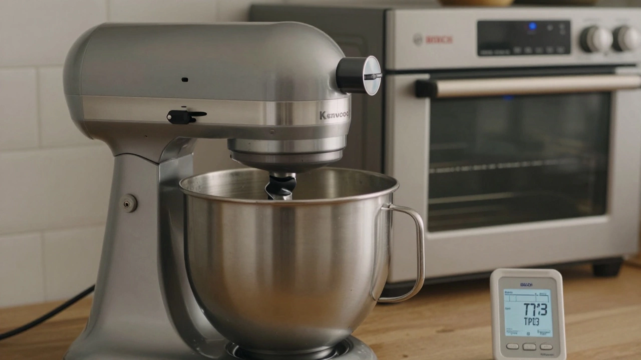 Работающий Kenwood Titanium Major замешивает тесто, рядом термометр и духовка Bosch, металлические поверхности под мягким светом.