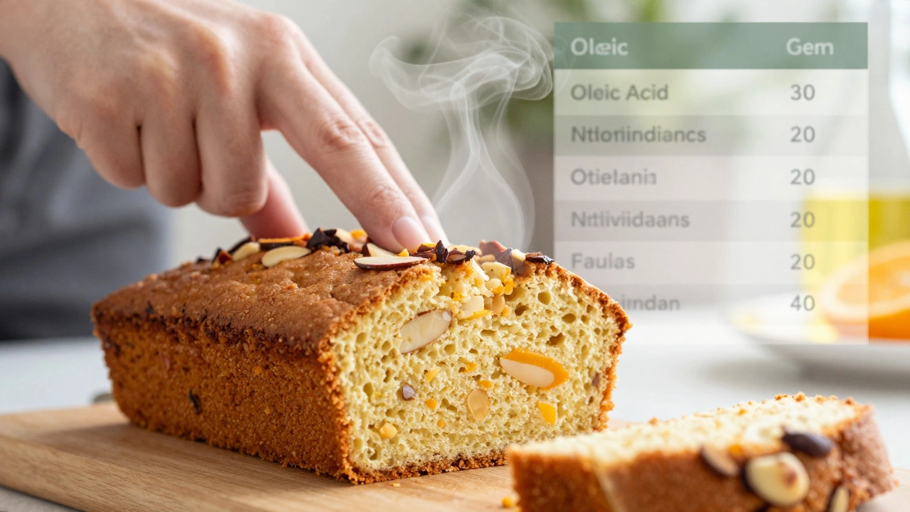 Разрезанный пирог с оливковым маслом, виден влажный крошащийся слой с цитрусовой цедрой и миндалем.