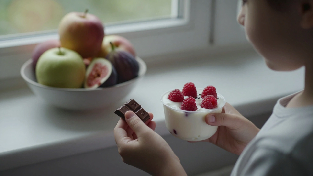 Ребёнок держит тёмный шоколад и йогурт с ягодами, рядом фрукты на подоконнике.
