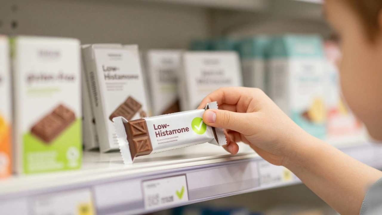 Ребёнок выбирает низкогистаминный шоколад на полке аптеки среди других маркированных продуктов.