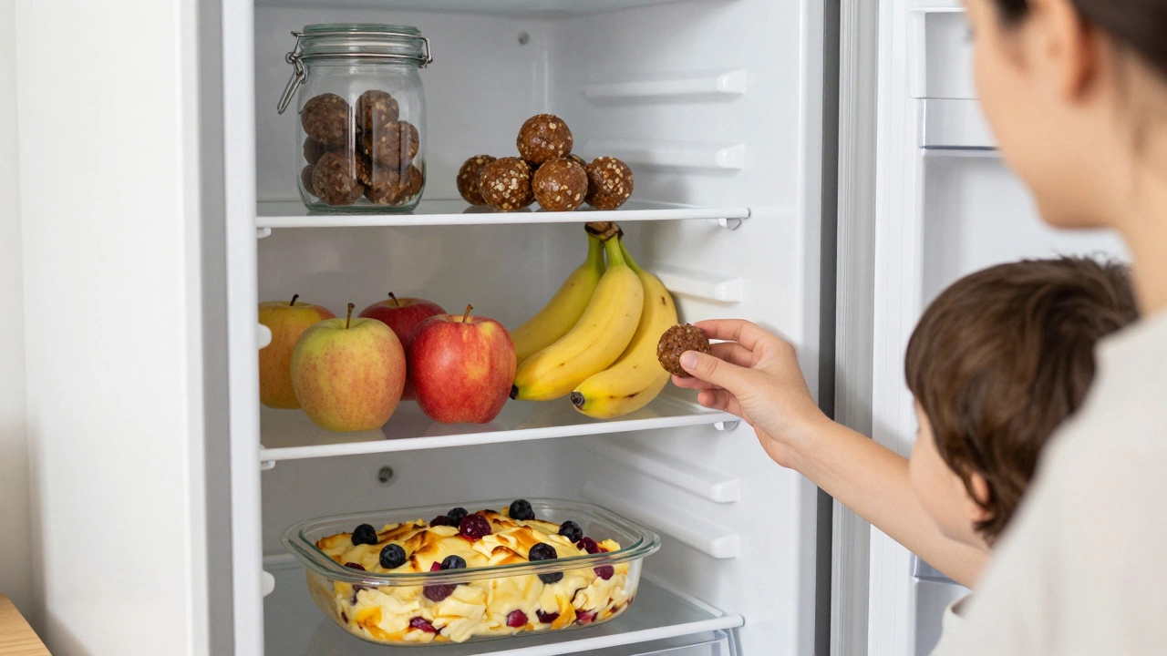 Ребёнок выбирает полезный десерт из трёх полок холодильника.