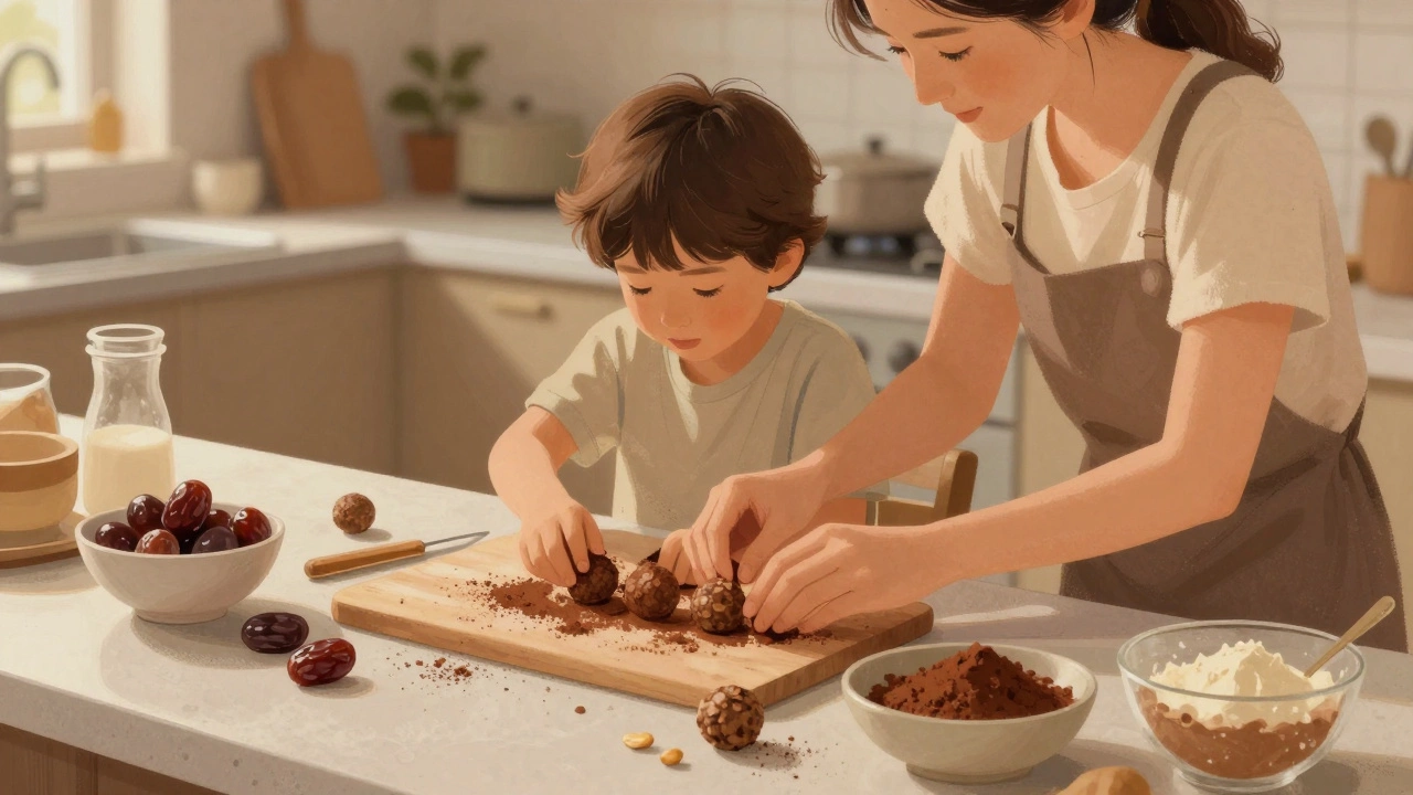 Семья вместе готовит энергетические шарики из фиников и орехов.