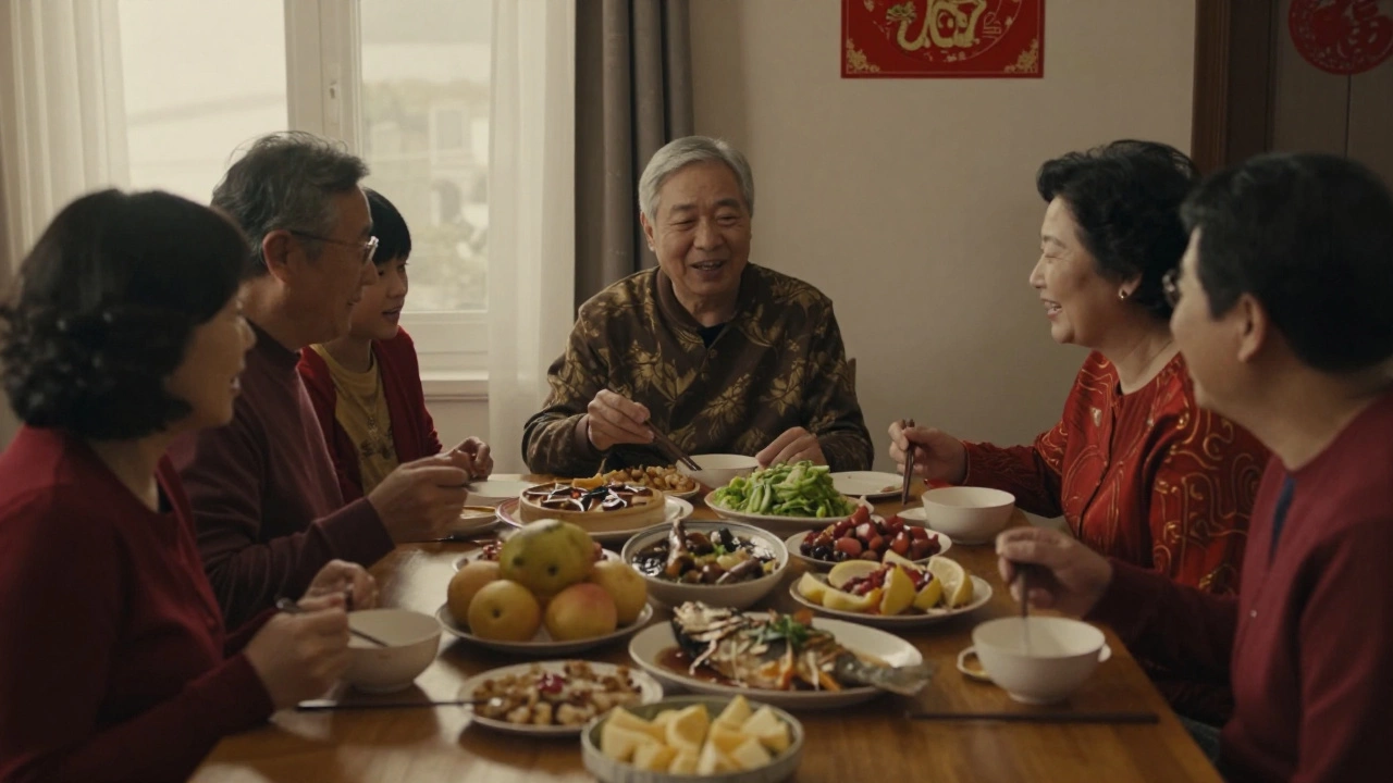 Семья за ужином с символическими китайскими яствами
