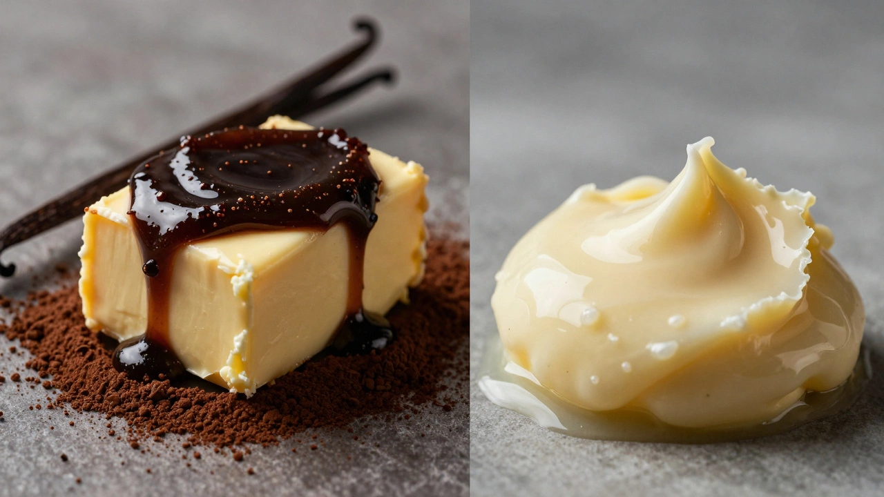 Сравнение качественных и низкокачественных ингредиентов для десертов: ванильная паста и какао против синтетических заменителей.