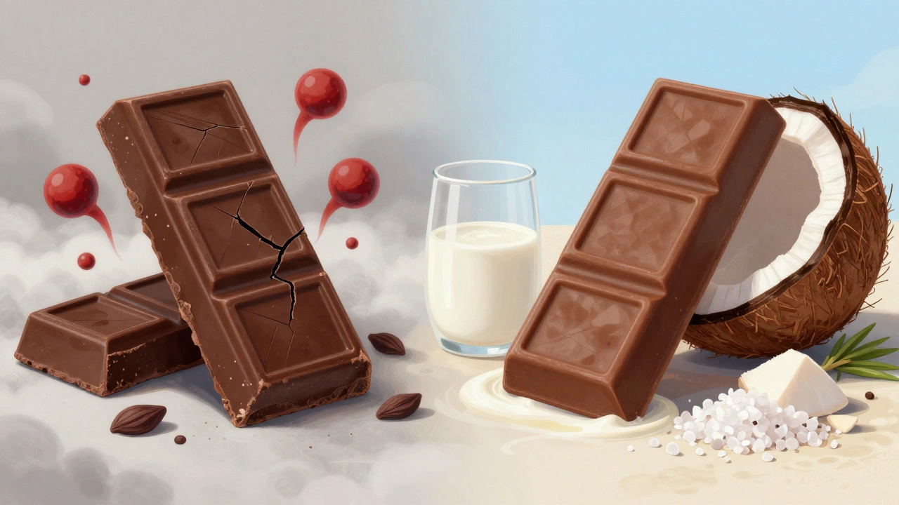 Сравнение обычного шоколада с высоким гистамином и безопасного низкогистаминного аналога с ингредиентами.