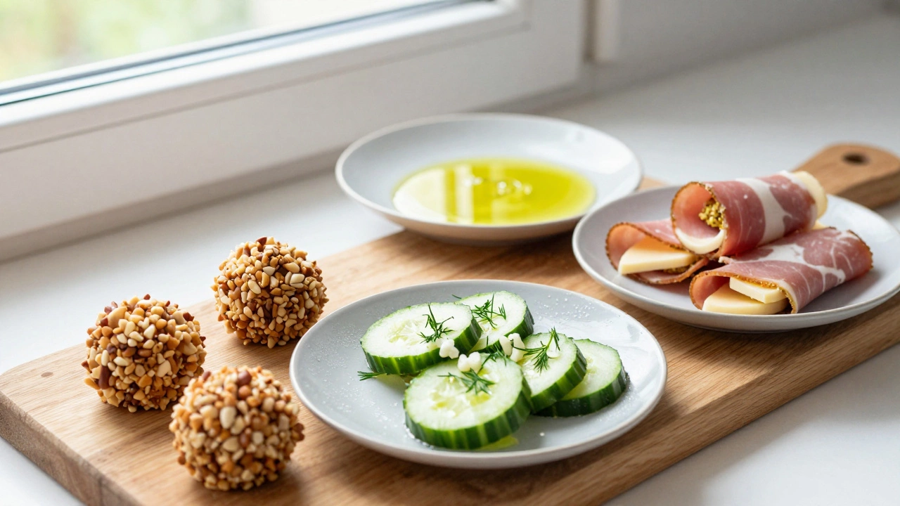 Сырные шарики, огурцы с чесноком и ветчинные рулетики на керамических тарелках.