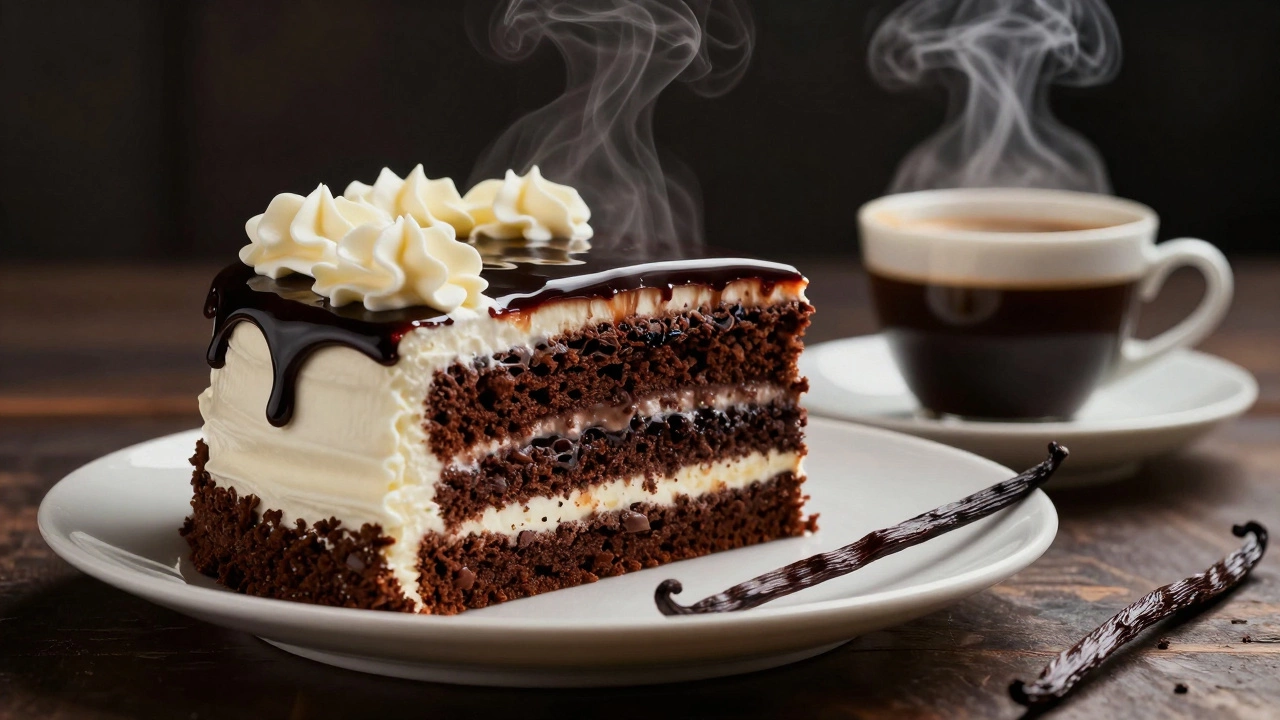 Торт «Чёрный принц» с кофе и взбитыми сливками на тарелке