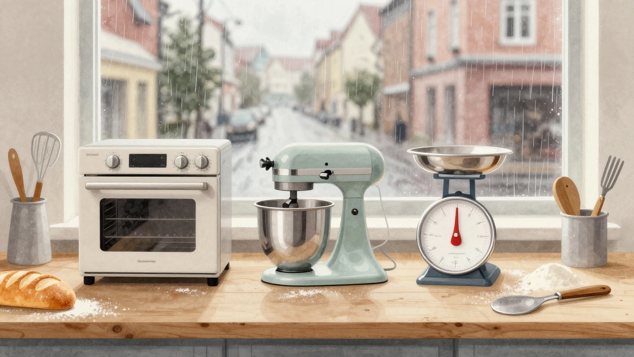 Три надежных кухонных прибора — печь, миксер, весы — стоят как символы долговечности, вокруг — инструменты для выпечки.