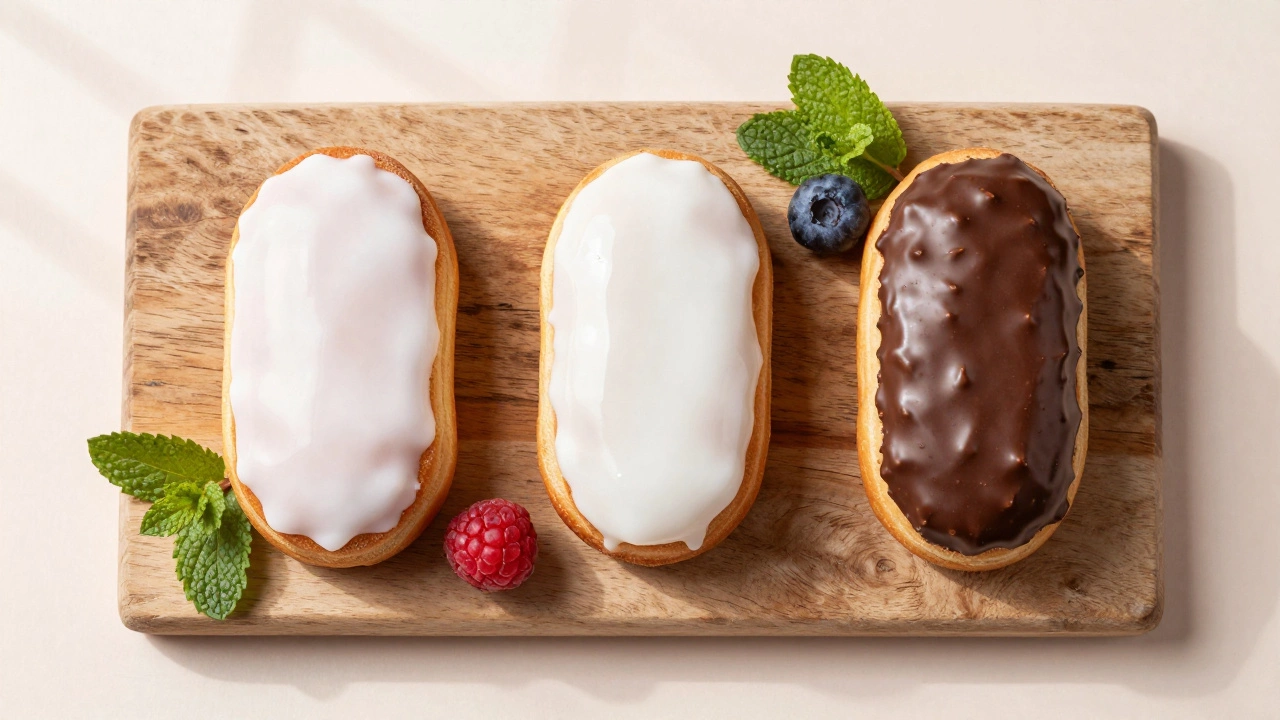 Три вида выпечки с разными типами глазури на доске.