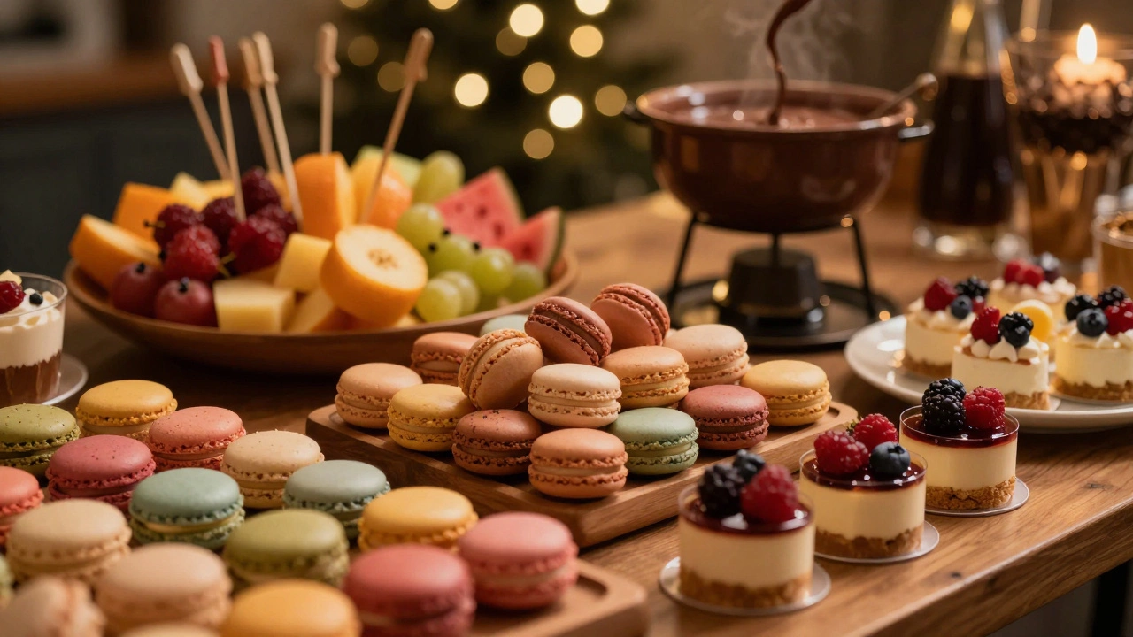 Десертный стол с разноцветными макаронами, муссовыми тортами и фруктами.