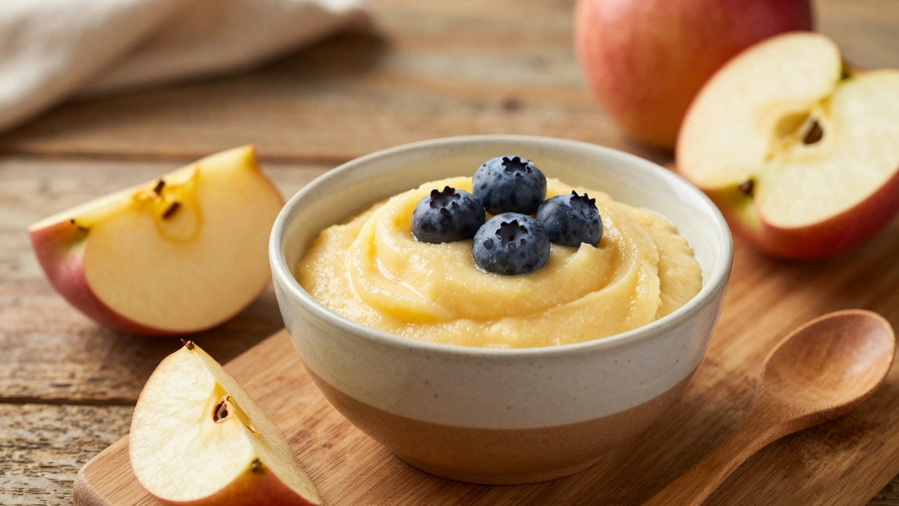 Домашний яблочный мусс с ягодами в маленькой миске на деревянном столе