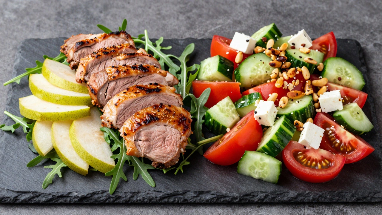 Гурманский салат с уткой и грушей рядом со свежим греческим салатом.