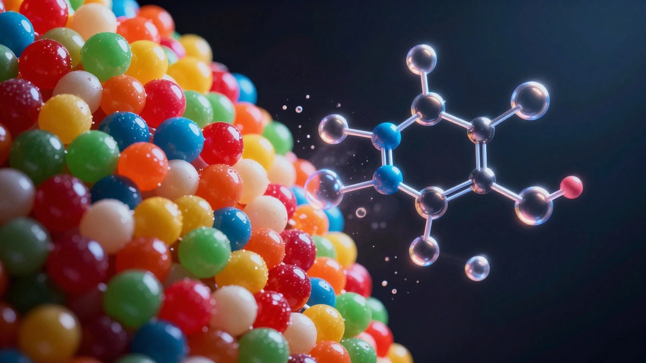 Концептуальное изображение конфеты, переходящей в химическую формулу