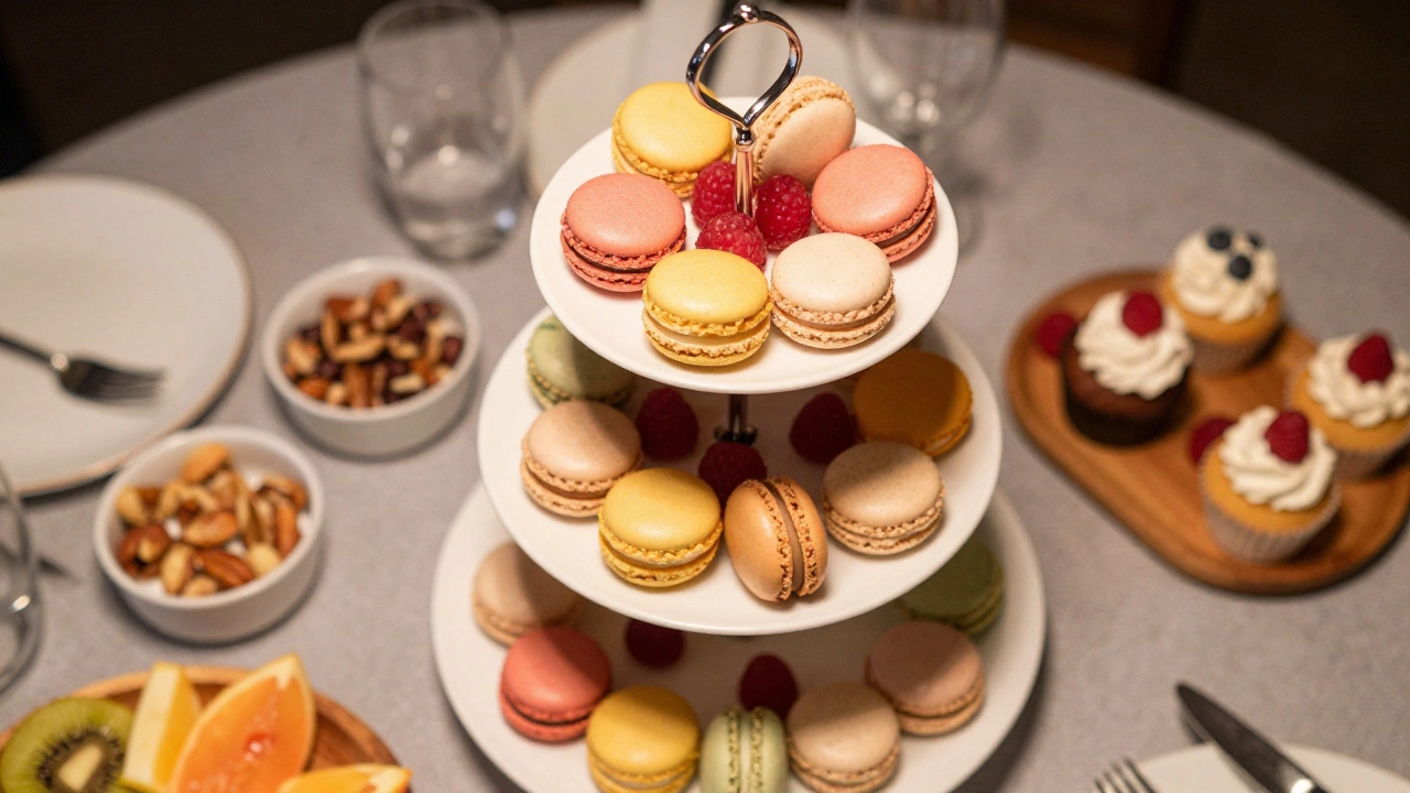 Многоярусная этажерка с макарунами и капкейками на чайном столе