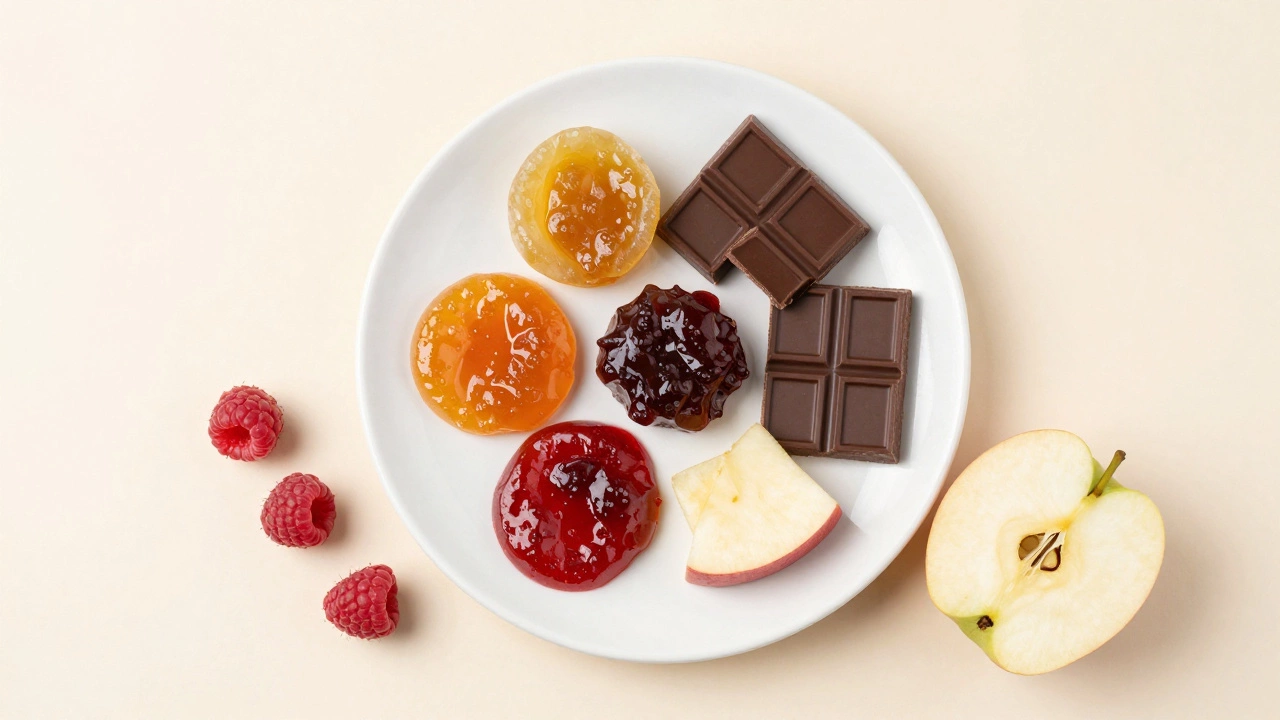 Набор полезных сладостей: мармелад, темный шоколад и пастила