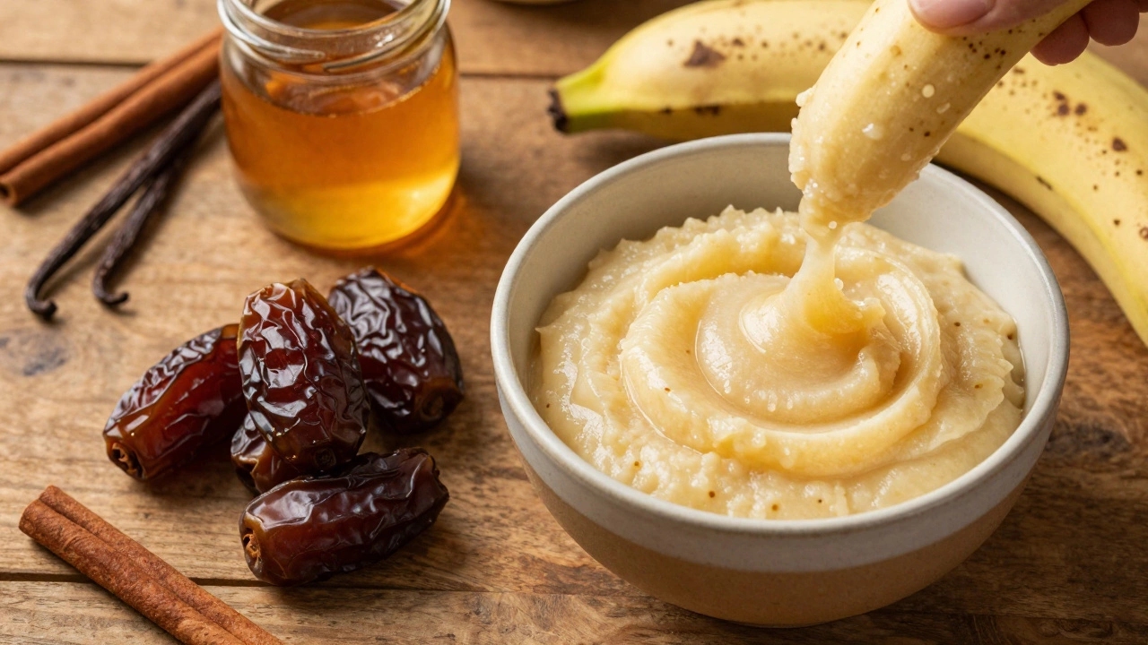 Натуральные заменители сахара: спелый банан, финики и кленовый сироп на столе