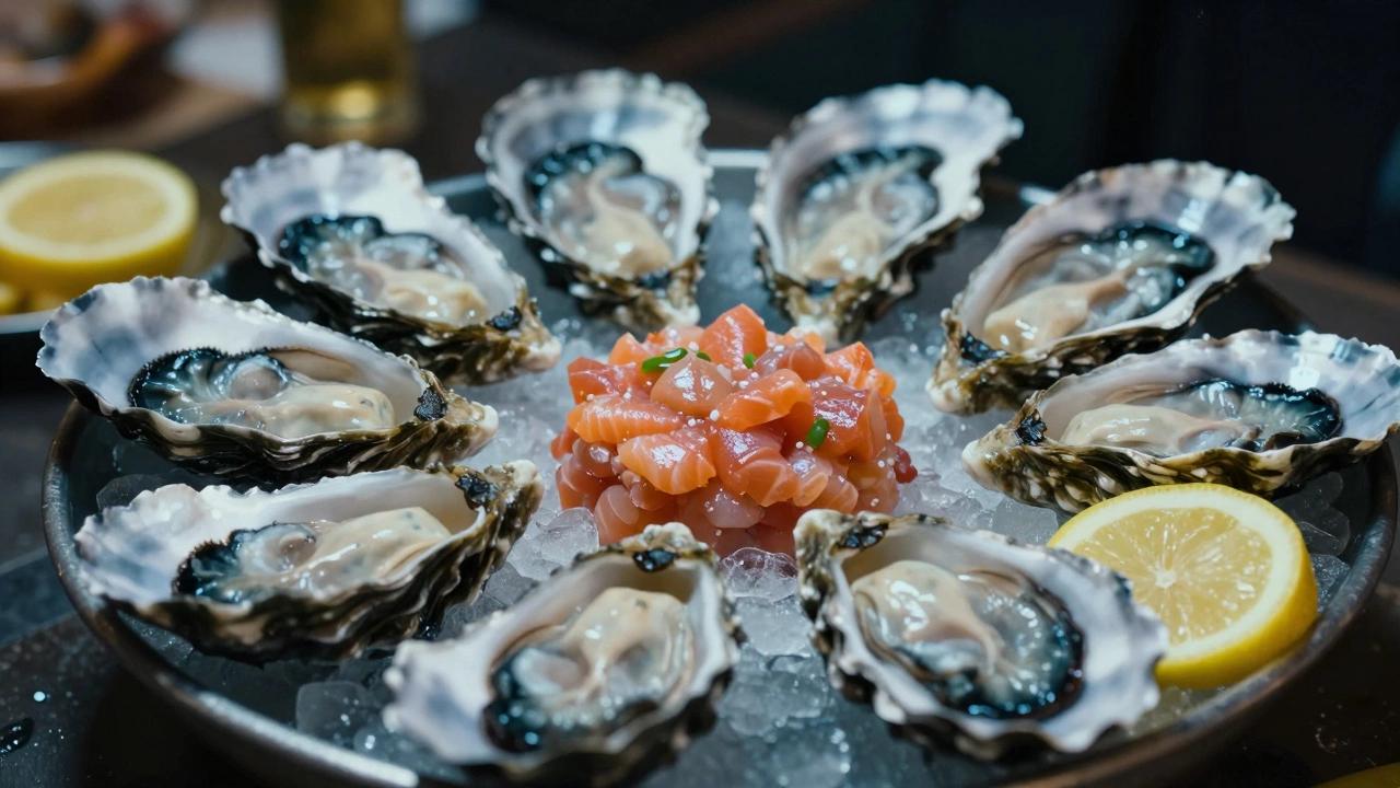 Плато с устрицами и тартаром из лосомка на льду с лимоном