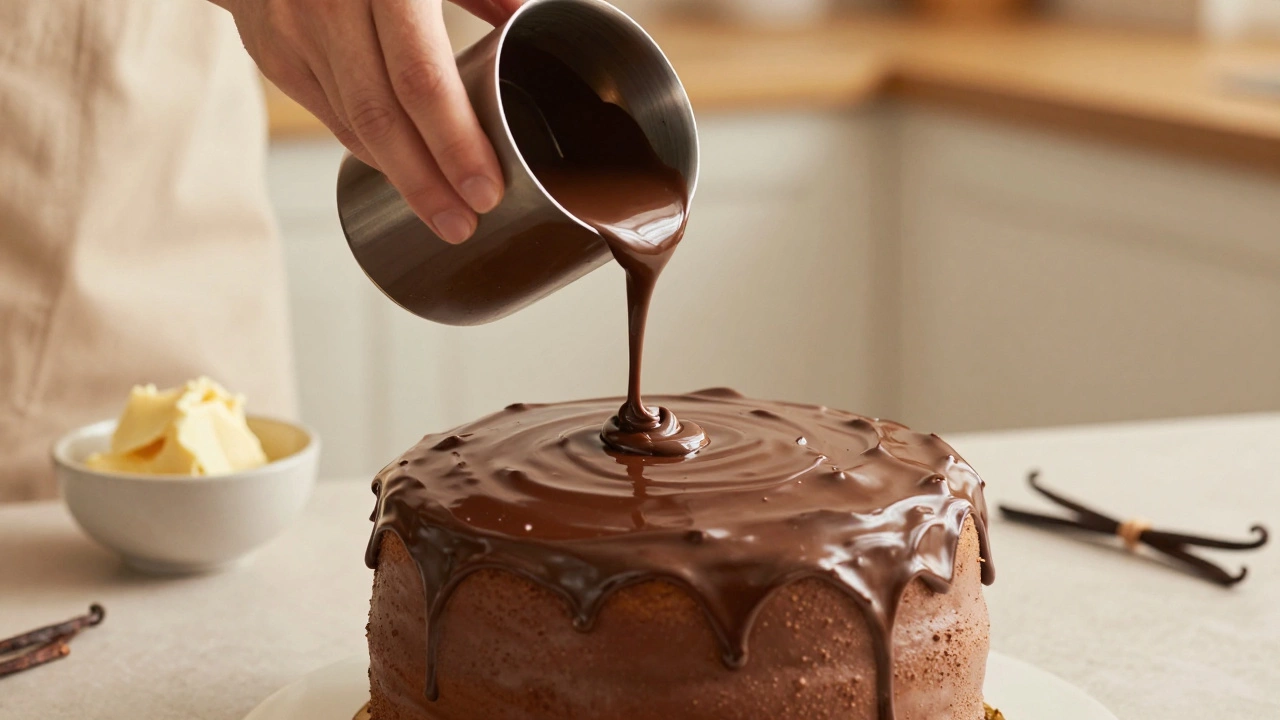 Процесс поливки торта натуральной шоколадной зеркальной глазурью