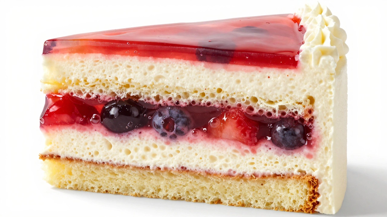 Разрез многослойного торта с четкими слоями бисквита, желе и крема