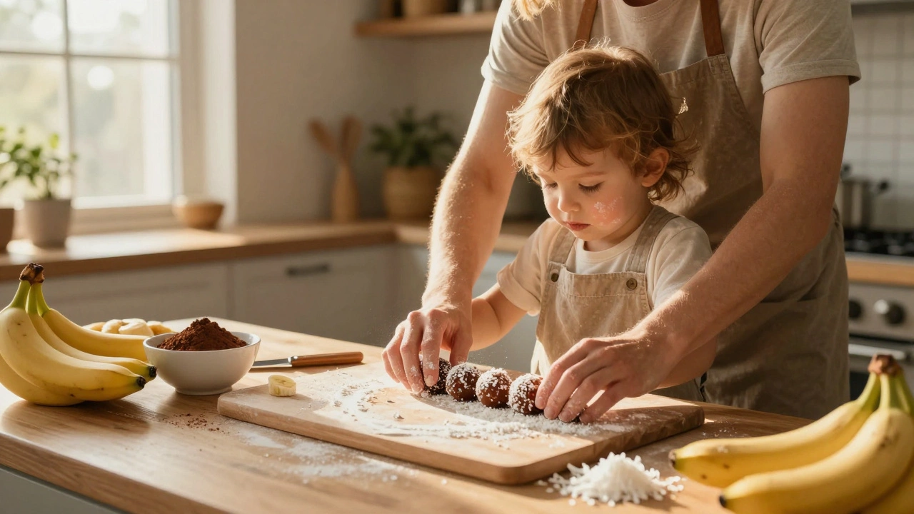 Ребенок и родитель готовят полезные банановые трюфели на кухне