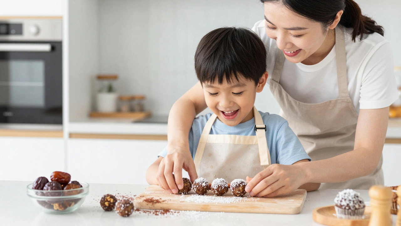 Ребенок и родитель вместе готовят полезные конфеты из фиников и орехов