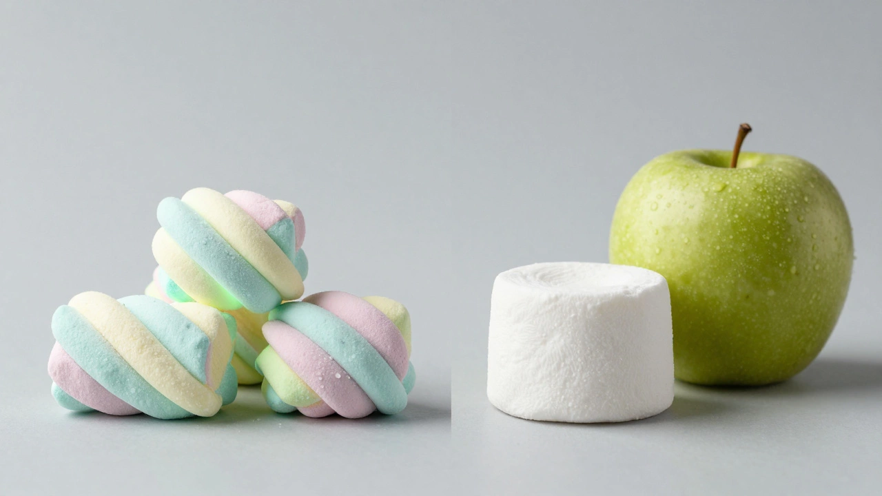 Сравнение яркого магазинного зефира и натурального белого зефира с яблоком