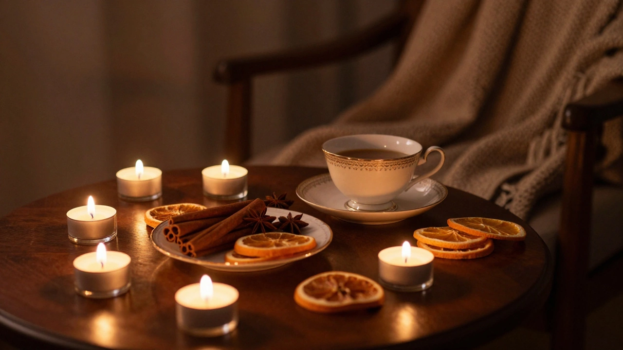 Уютный вечерний стол со свечами, чаем и палочками корицы