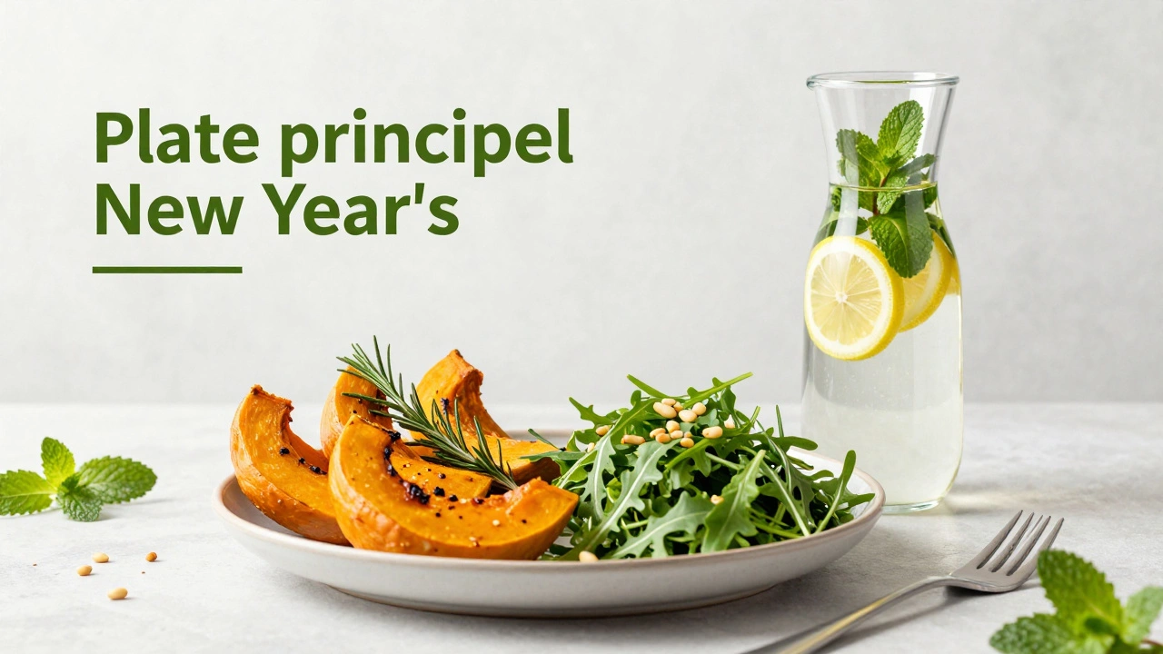 Здоровый новогодний стол с запеченной тыквой, салатом и водой с мятой